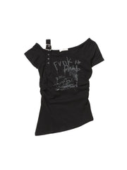 受注制【Never mind the XU】one shoulder punk tops (3color) / 【ネバーマインドザエックスユー】ワンショルダーパンクプリント半袖トップス