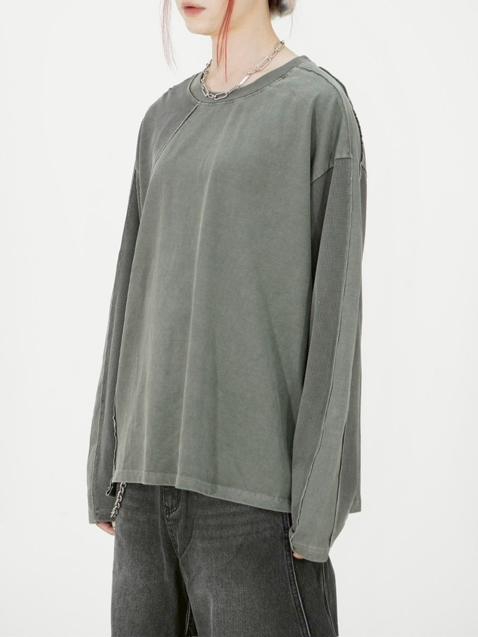 受注制【Chikashitsu +】switching waffle long sleeve (3color)