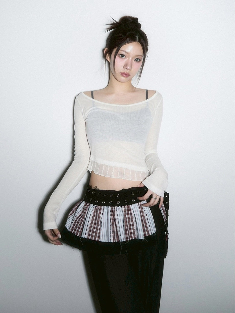 【CHERRYQUIRI】sheer layered unbal sleeve / 【チェリーキュリー】シアーレイヤードアンバランス長袖トップス