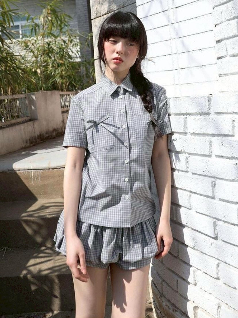 【Uglyshadow】CHECK RIBBON SHIRTS