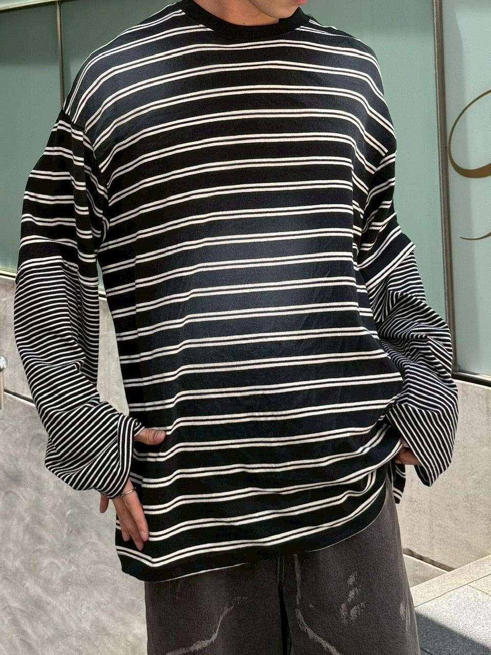 【Chikashitsu +】oversized layered border washed long sleeve / 【チカシツプラス】オーバーサイズウォッシュドレイヤードボーダー長袖Tシャツ(2color)