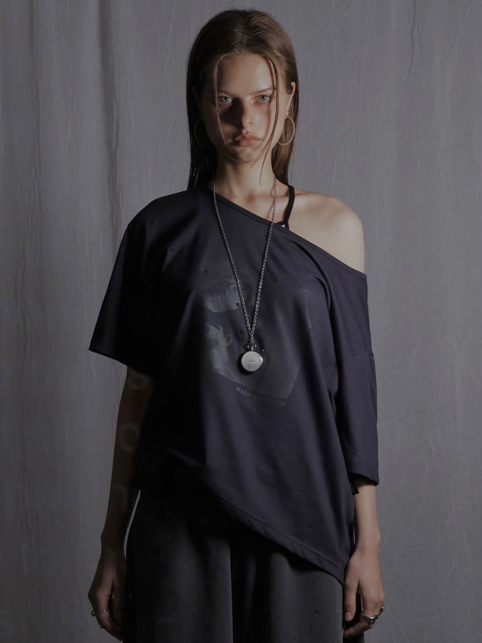 【HOLY NUMBER 7】OFF-SHOULDER PUNK GRAPHICS SHORT-SLEEVED T-SHIRT / 【ホーリーナンバーセブン】オフショルダープリント半袖Tシャツ