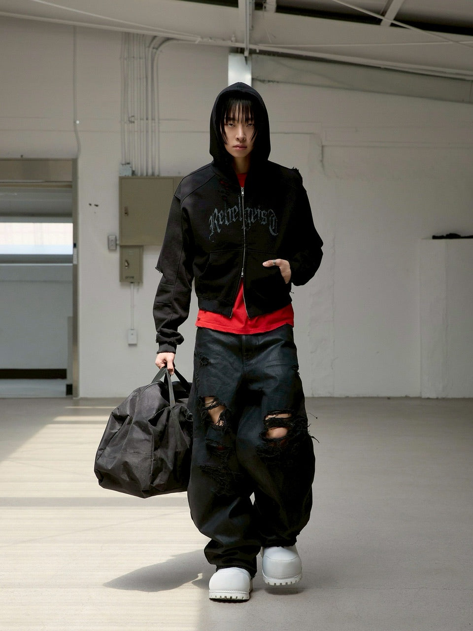 【ANOTHERYOUTH】damaged crop zip-up hoodie