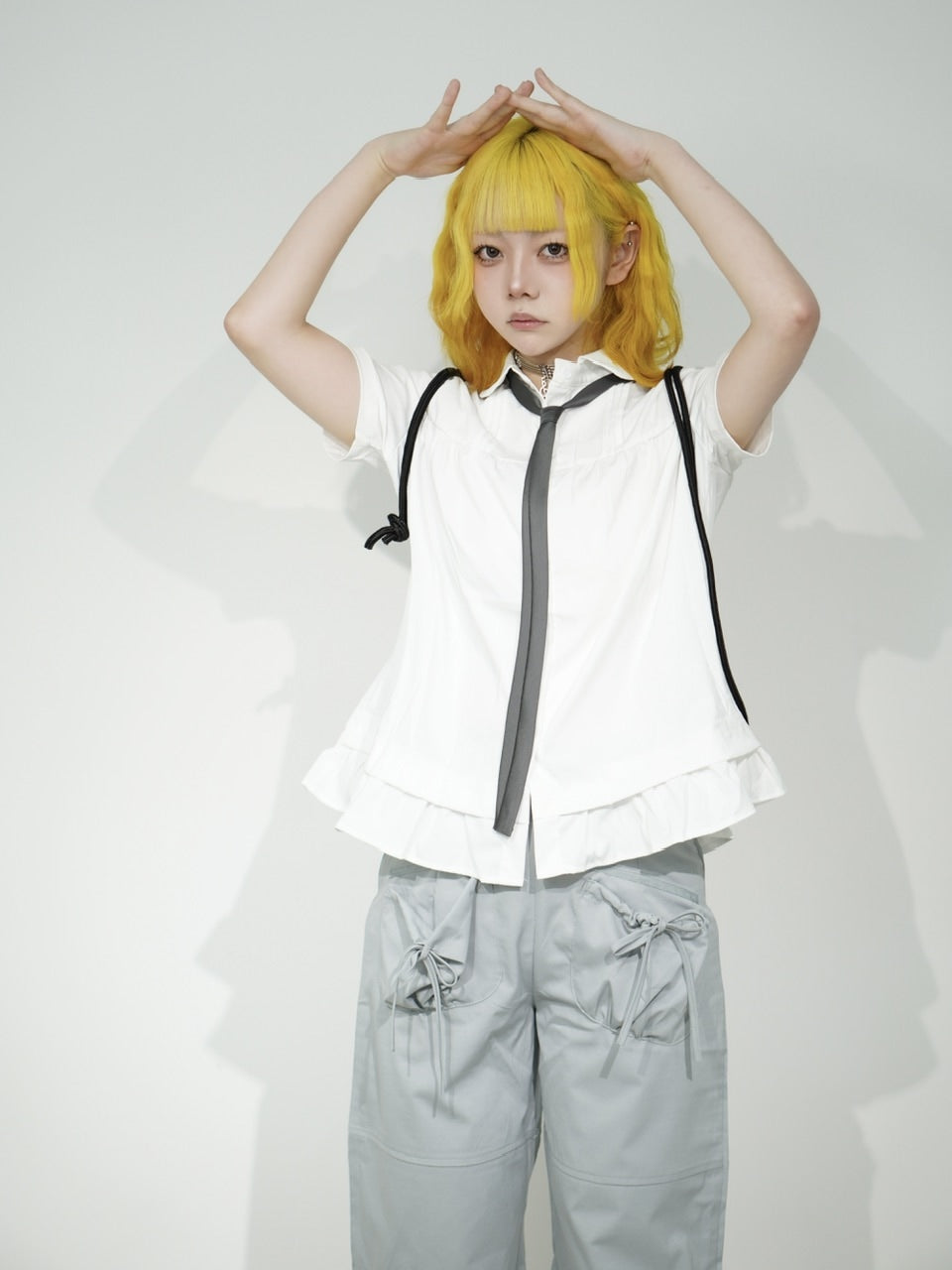 国際配送【Nerd out XU】ribbon string shorts (2color) / 【ナードアウトエックスユー】リボンストリングワイドハーフパンツ