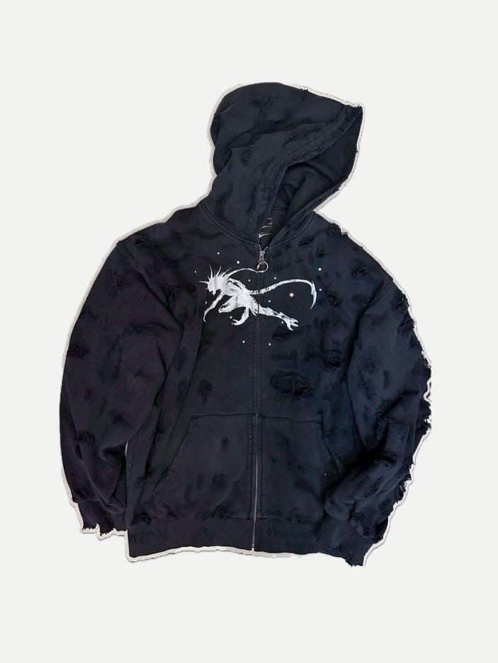 【F.V.V.O】9TW REMAKE RIPPED FADED ZIP-UP HOODIE