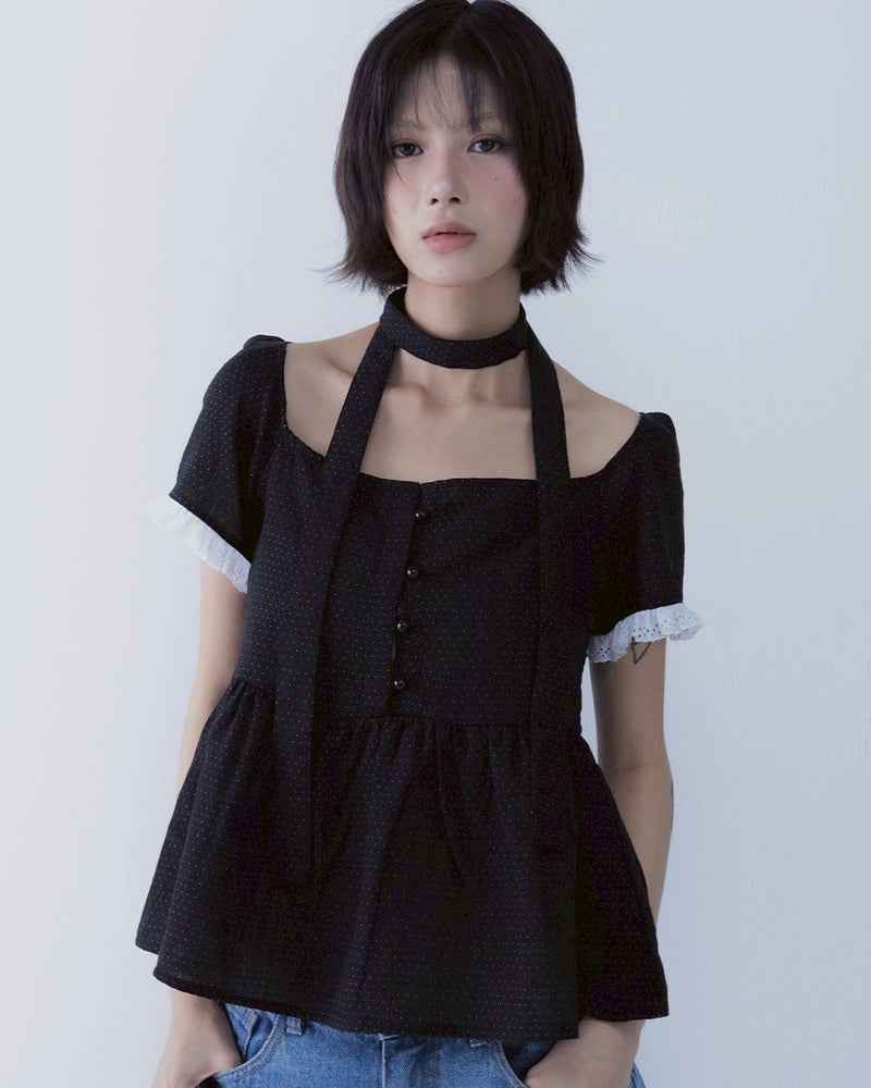 【SETSETSET】DOT MUFFLER FLARED BLOUSE