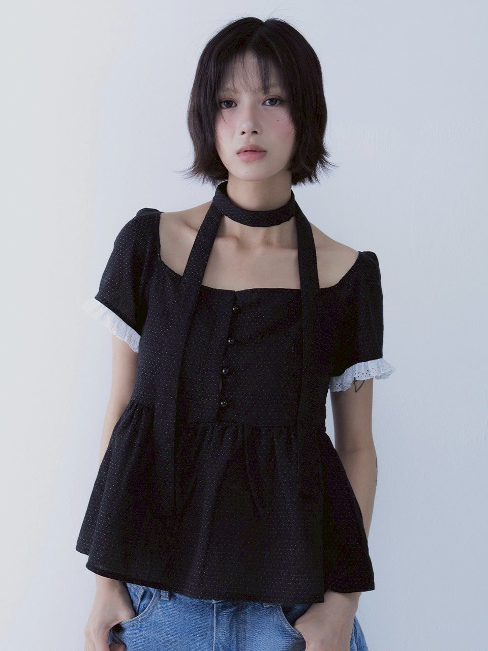 【SETSETSET】DOT MUFFLER FLARED BLOUSE