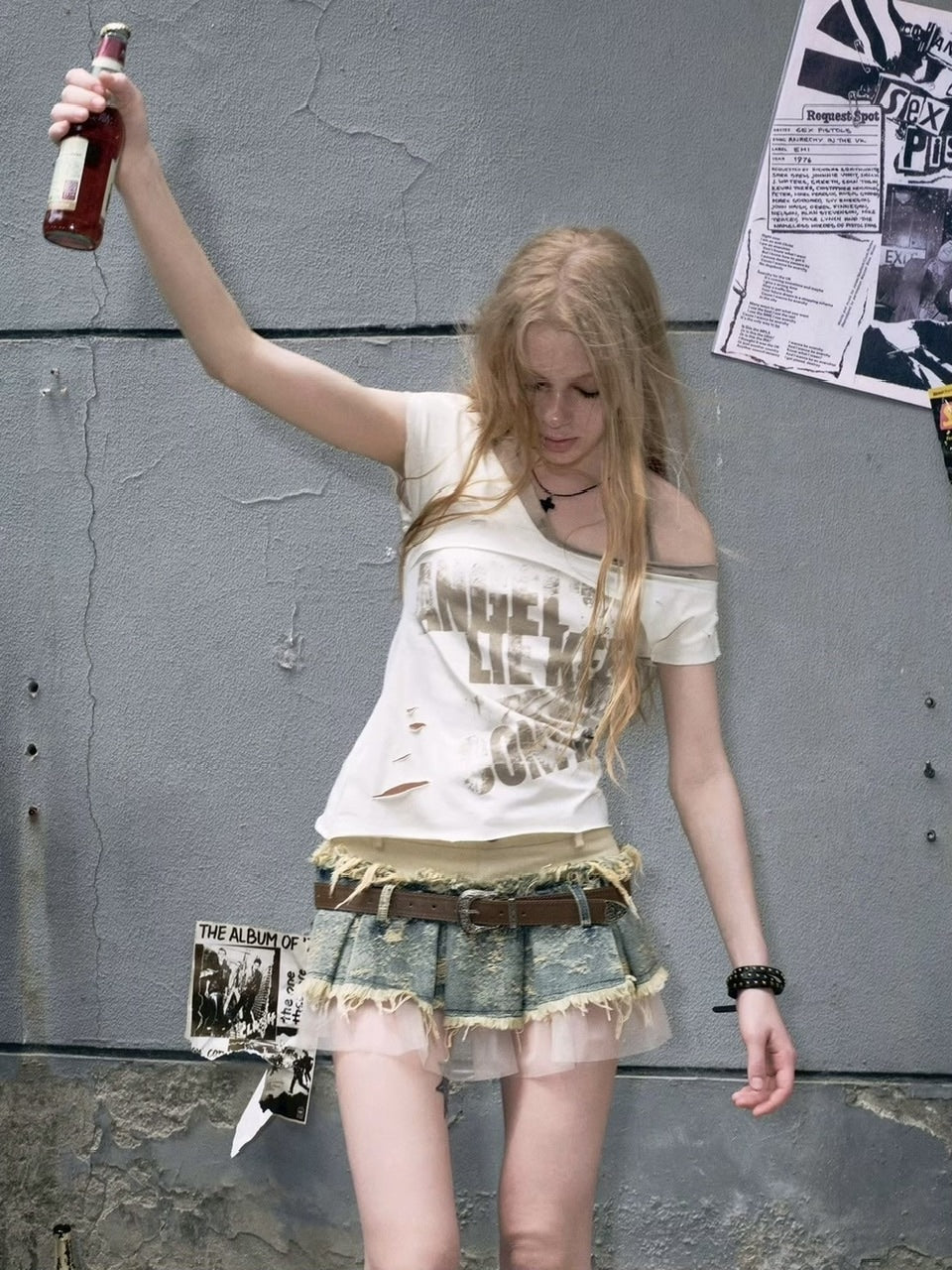 【Cest Nous】Belted Denim Pleated Skirt