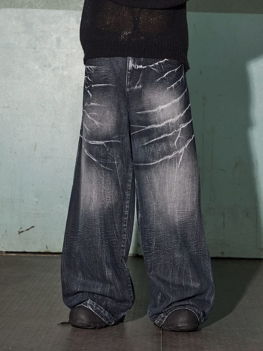 【DND4DES】LIGHTING CREASE WASHED WIDE-LEG JEANS
