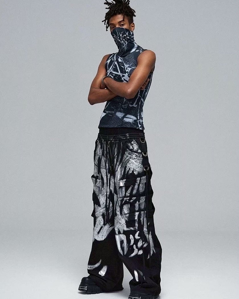【DND4DES】 MULTI-LAYERED STRIPED GRAFFITI CARGO PANTS