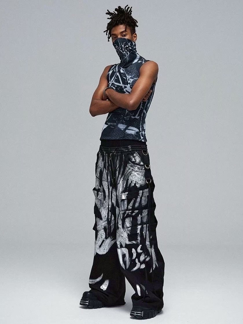 【DND4DES】 MULTI-LAYERED STRIPED GRAFFITI CARGO PANTS