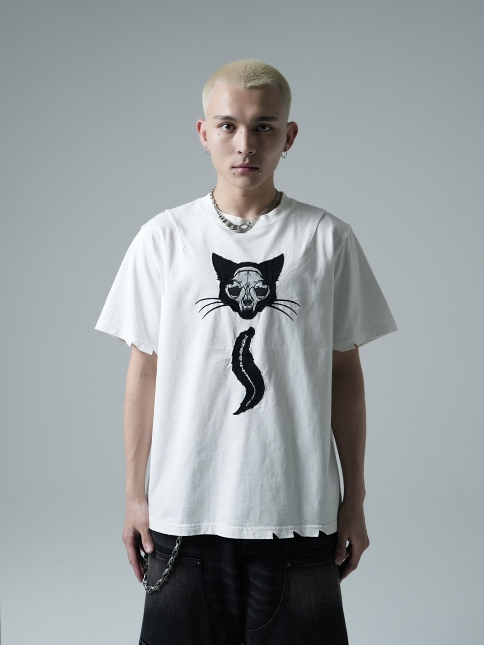 【CHIKASHITSU PLUS HIGH】Destroy skull cat T-shirt (white)