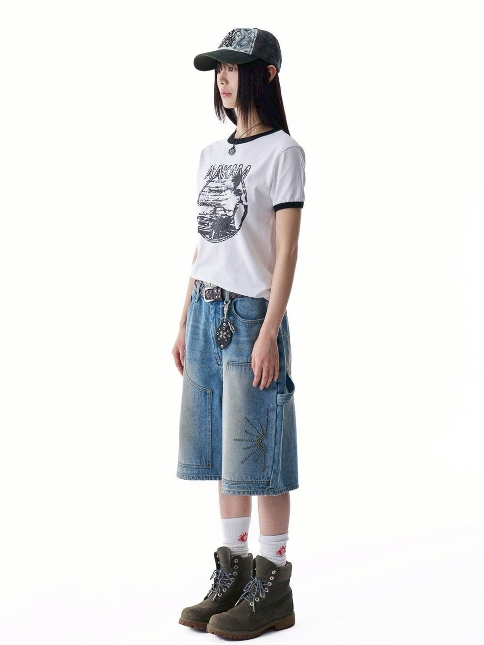 【AAKAM】Washed Double Knee Bermuda Denim Pants