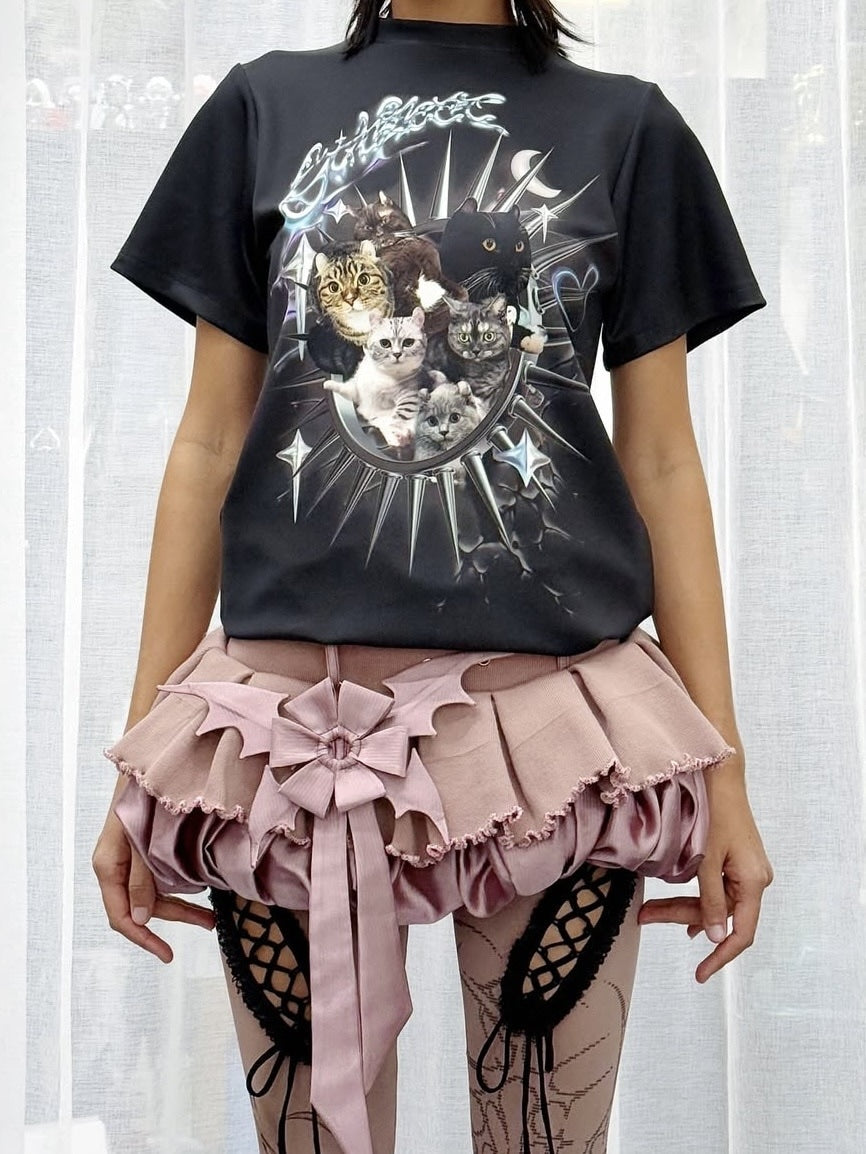 【La Lune】POLO TOP / 【ラリュンヌ】キャットグラフィックデザイン半袖Tシャツ