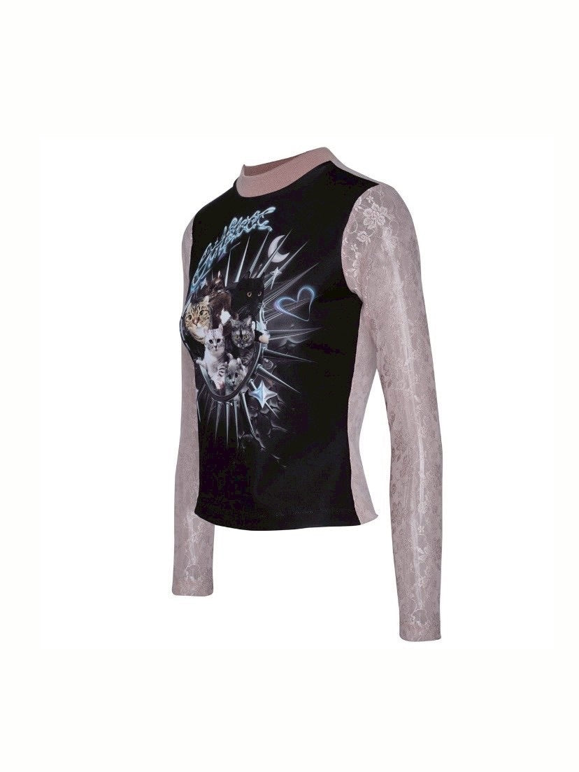 【La Lune】PALA TOP / 【ラリュンヌ】キャットグラフィックデザインレース長袖Tシャツ