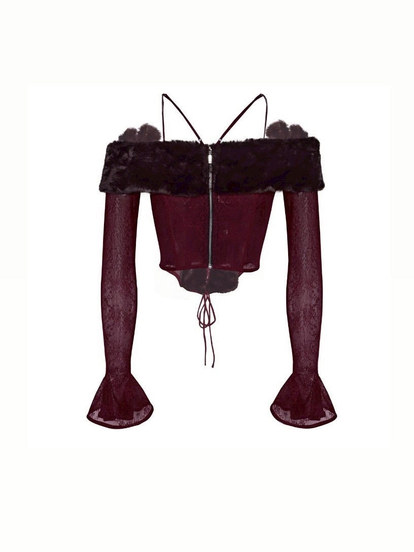 【La Lune】BLOOD MOON TOP / 【ラリュンヌ】ファーフラワーコルセットレースオフショルダー長袖トップス