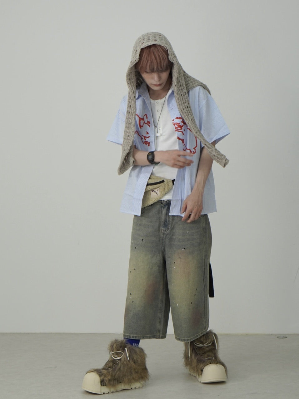 国際配送【Nerd out XU】pink washed seven quarte denim pants / 【ナードアウトエックスユー】ピンクウォッシュドワイドハーフパンツ