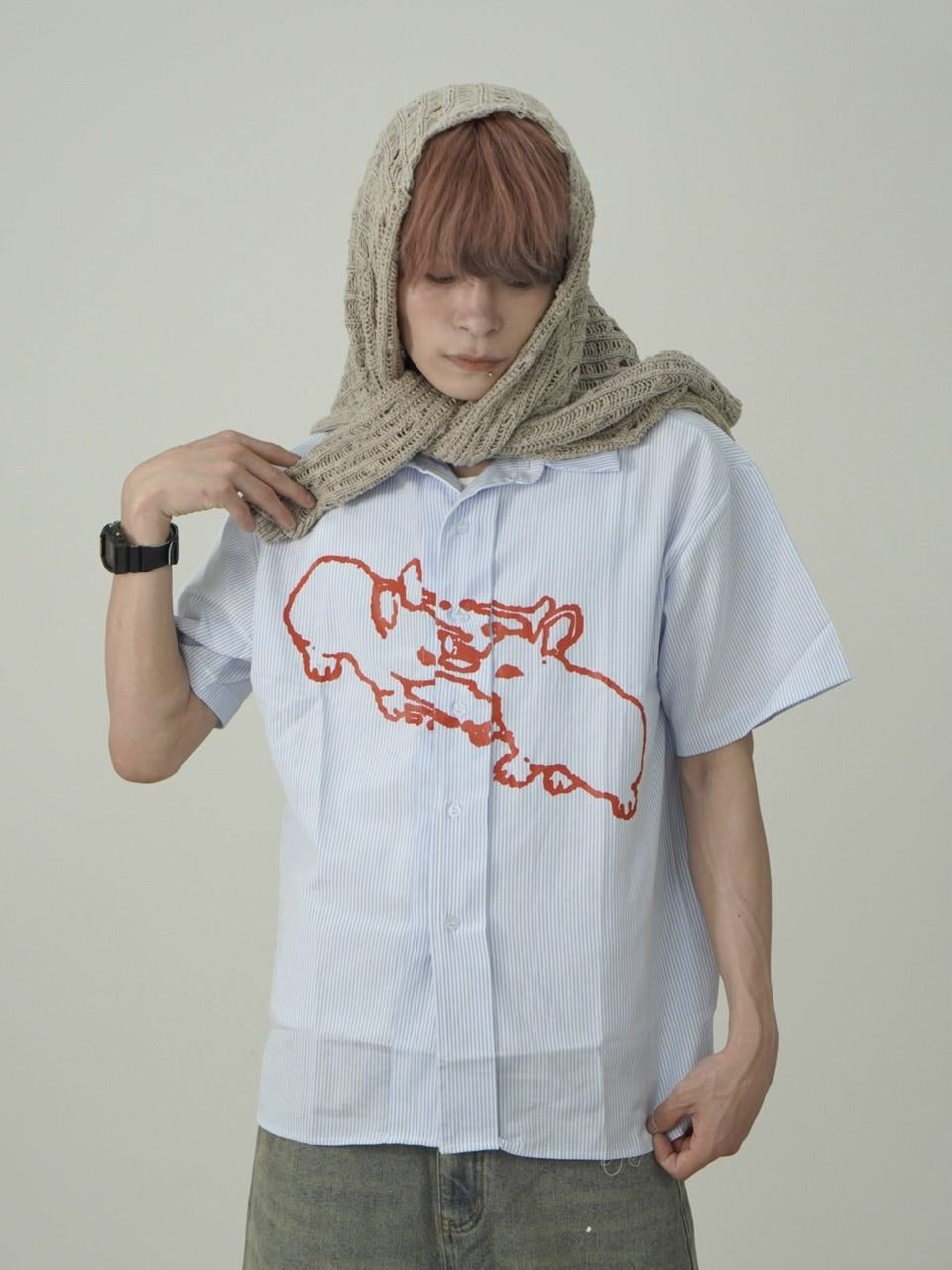 国際配送【Nerd out XU】rabbit stripe short sleeve shirt / 【ナードアウトエックスユー】ラビットプリントストライプボーダー半袖シャツ