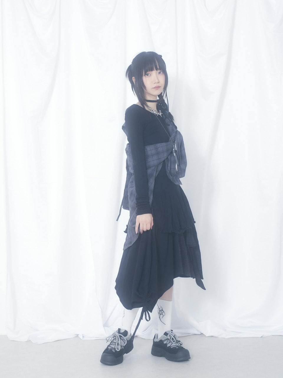 国際配送【Nerd out XU】docking ribbon check asymmetry skirt