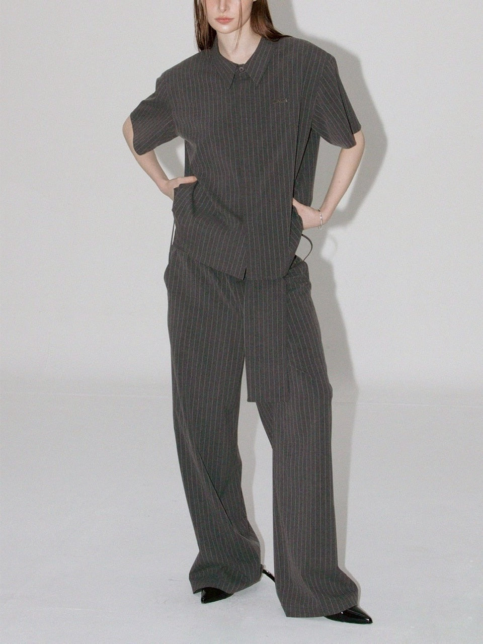 【ESC STUDIO】neat shoulder pad shirt/ 【イーエスシーステュディオ】ニートショルダーパット半袖シャツ