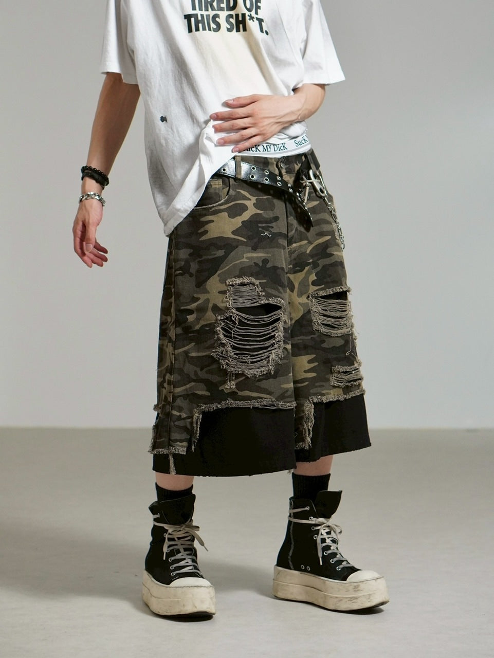 受注制【Chikashitsu +】layered camouflage bermuda pants / 【チカシツプラス】レイヤードカモフラージュバミューダパンツ (2color)