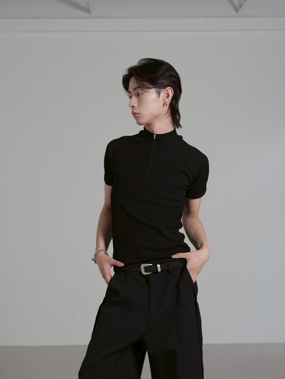 受注制【Chikashitsu +】mockneck zip half sleeve t-shirt – PRESSING