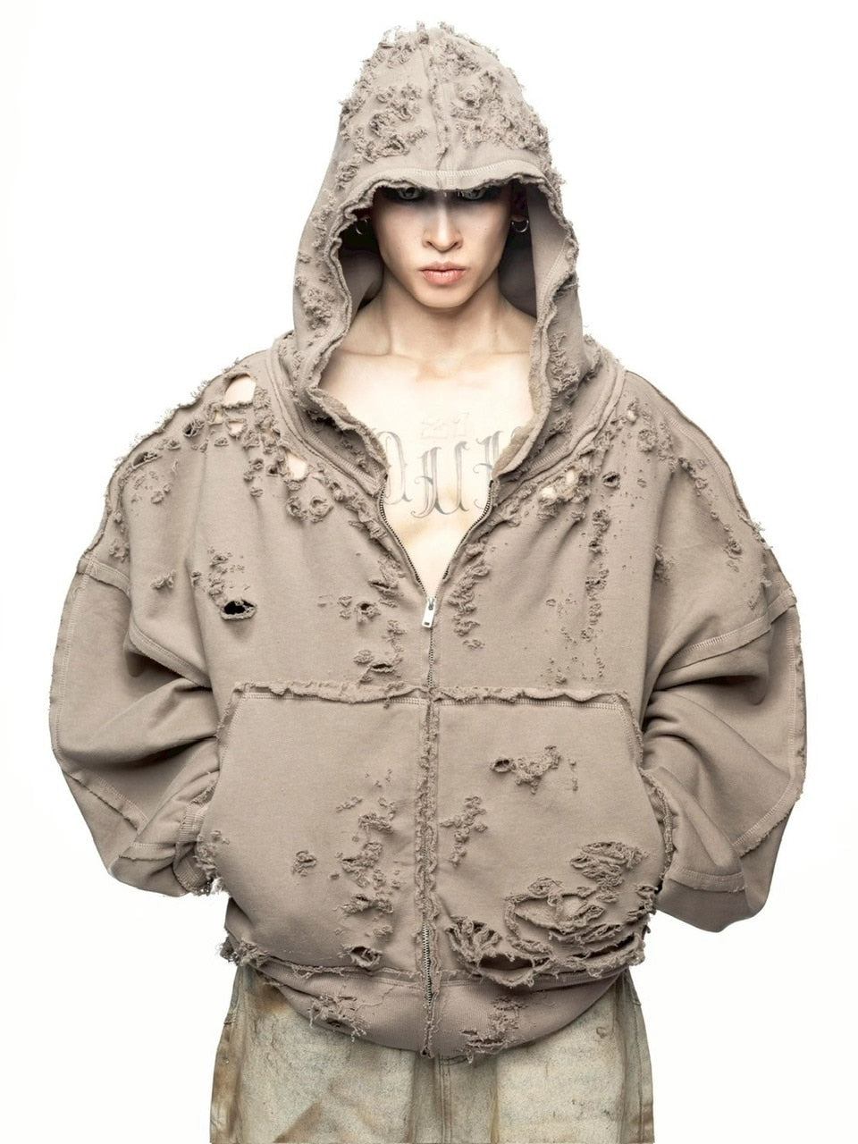 【LATUI ATELIER】ANGER ISSUES HOODIE / 【ラトゥイ アトリエ】クラッシュドダメージシェルジップパーカー