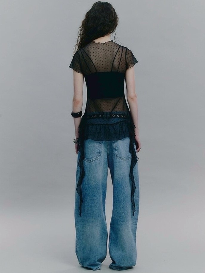 【NOT KNOWING】Dot Mesh Ruffle Top / 【ノットノーイング】ドットメッシュラッフル半袖Tシャツ