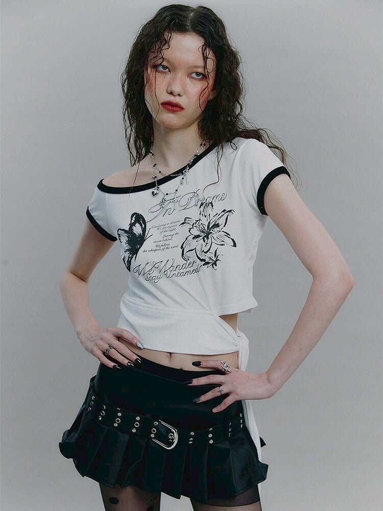 【NOT KNOWING】Tied One Off Shoulder Ringer Top / 【ノットノーイング】タイドワンオフショルダーリンガー半袖Tシャツ