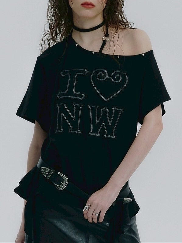 【NOT KNOWING】One Shoulder I LOVE Ruffle Top / 【ノットノーイング】ワンショルダーアイラブラッフル半袖Tシャツ