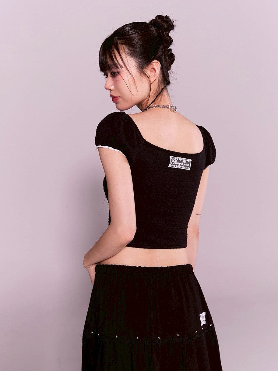 【CHERRYQUIRI】floral lace puff tee
