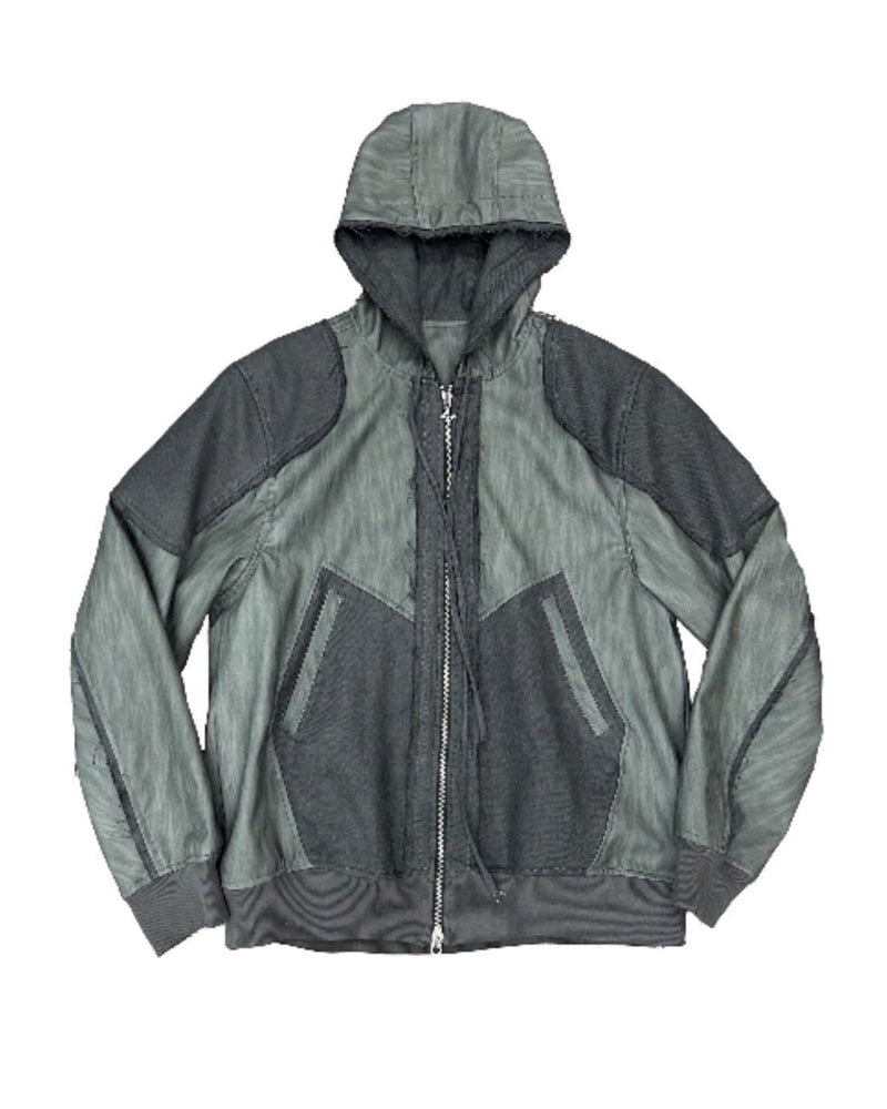 【BLR BLUER】Destroyed Leather and Linen Hoodie Zip-up Jacket