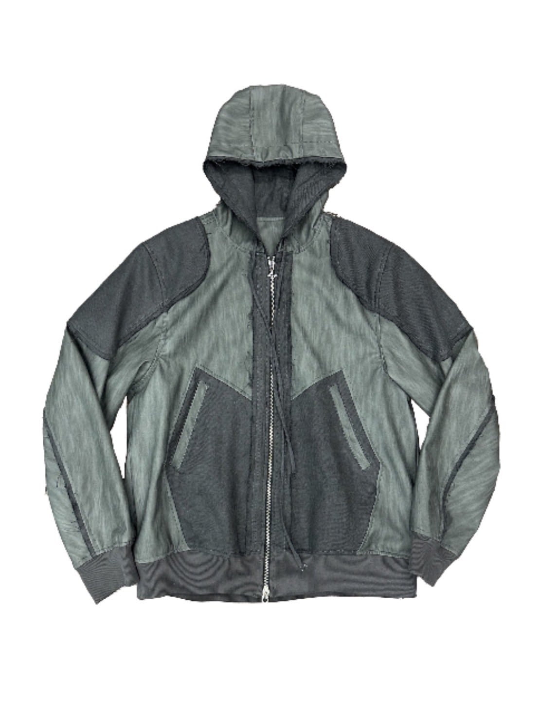 【BLR BLUER】Destroyed Leather and Linen Hoodie Zip-up Jacket