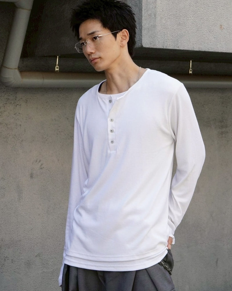 大阪店WEB限定【Chikashitsu +】layered henry neck long sleeve / 【チカシツプラス】レイヤードヘンリーネック長袖Tシャツ (3color)