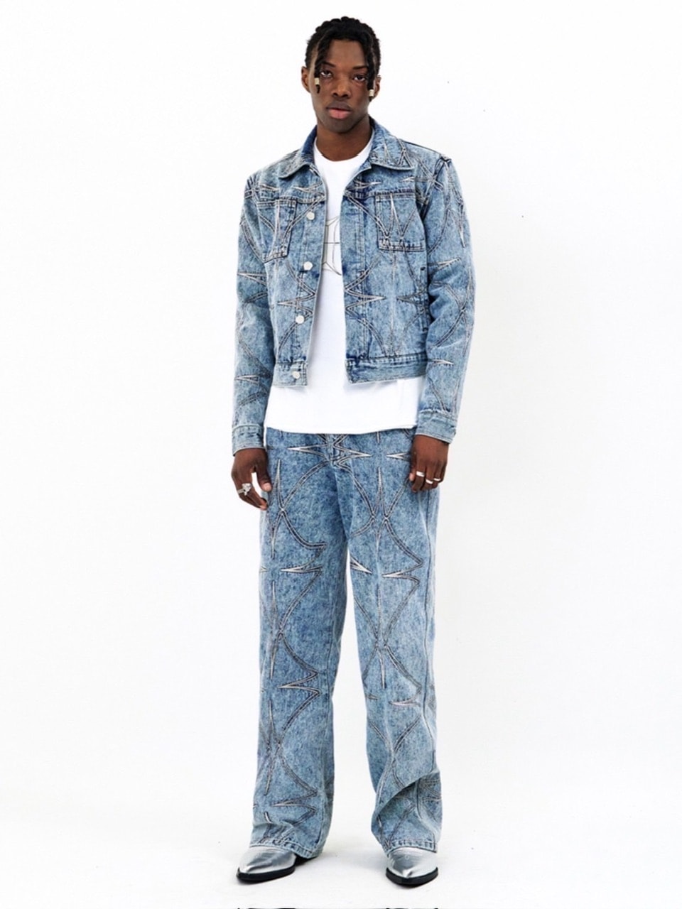 【E RIN AI E】METTALIC FOUR LEAF CLOVER DENIM PANTS