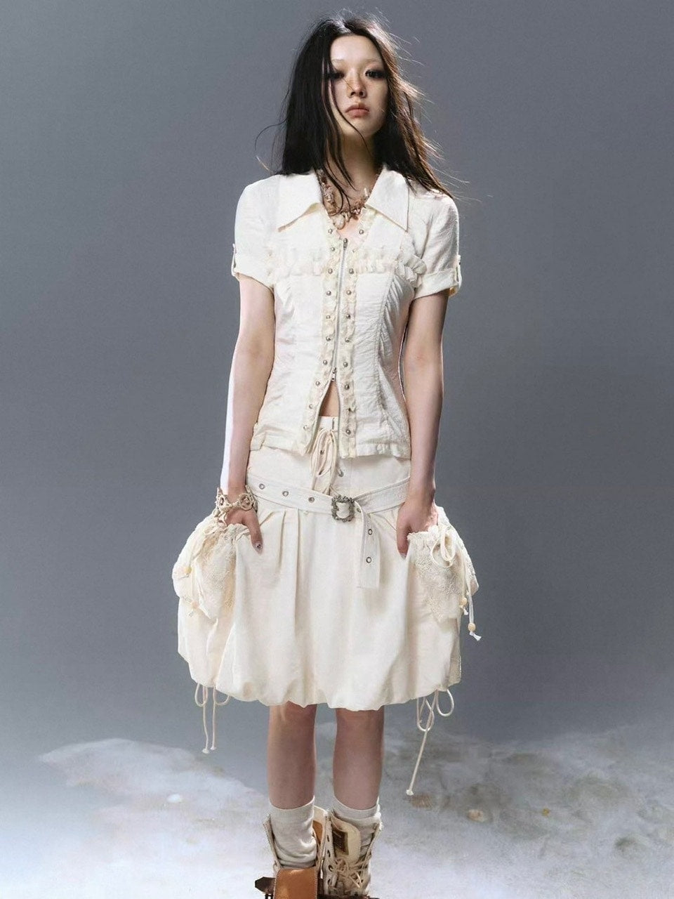 【Cest Nous】Lace Trim Rivet Blouse / 【セヌー】レースフリルリベットブラウス