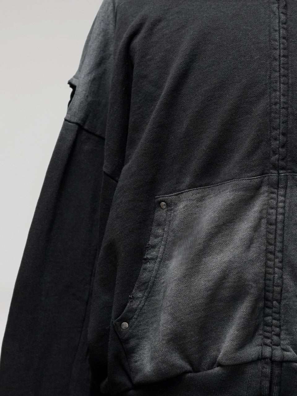 【CHIKASHITSU PLUS HIGH】cropped dirty wash double zip hoodie (wash black) / 【チカシツプラスハイ】クロップドダーティーウォッシュダブルジップパーカー