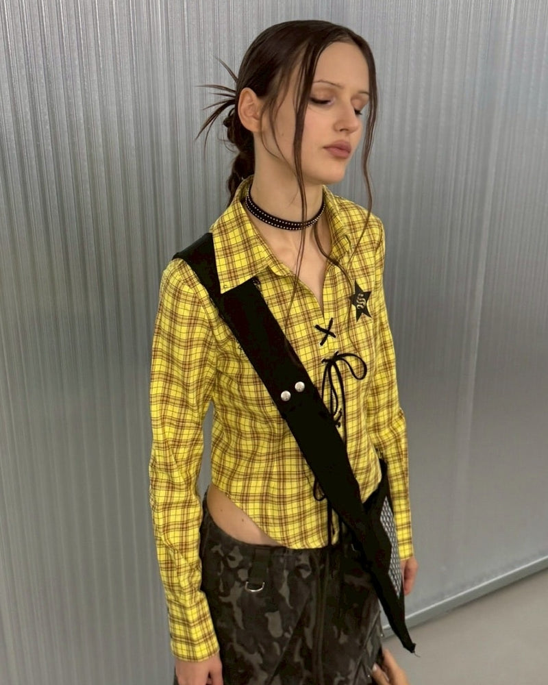 【SETUP‐EXE】CHECK RACE-UP SHIRT / 【セットアップエグゼ】チェックレースアップ長袖シャツ