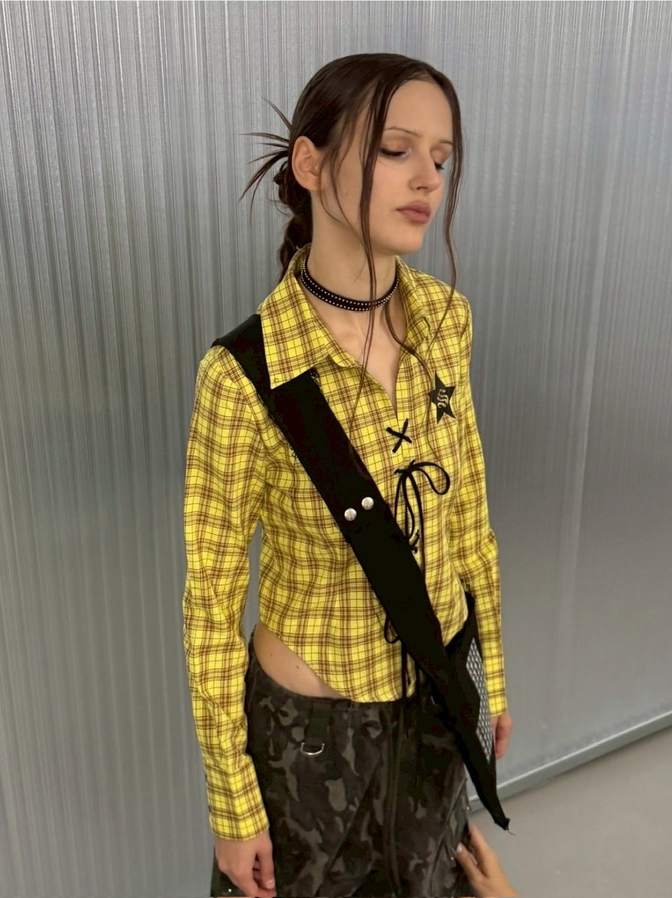 【SETUP‐EXE】CHECK RACE-UP SHIRT / 【セットアップエグゼ】チェックレースアップ長袖シャツ