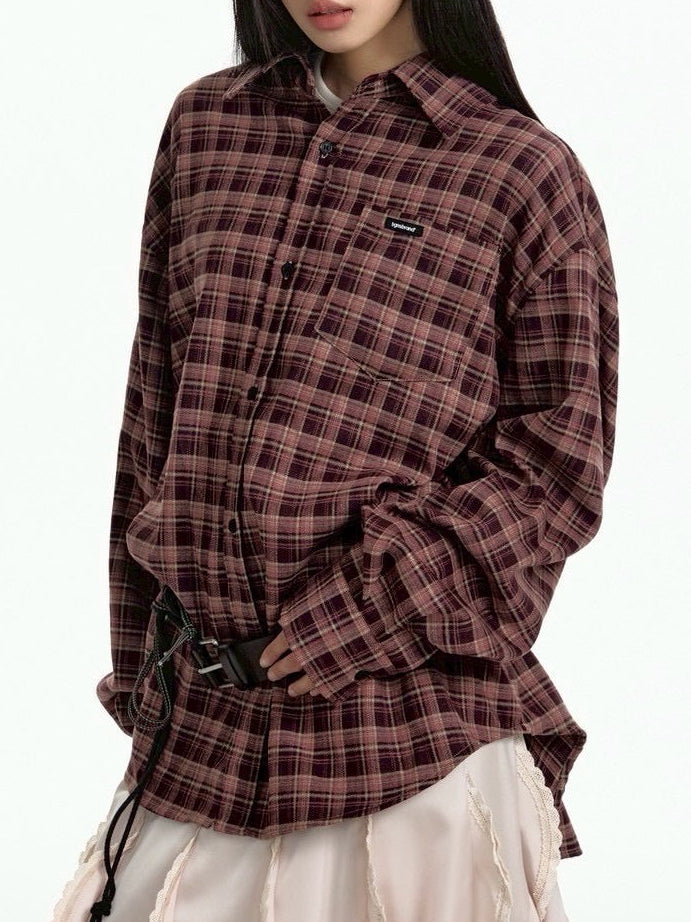 【TGNS】Two-Tone Loose Plaid Shirt
