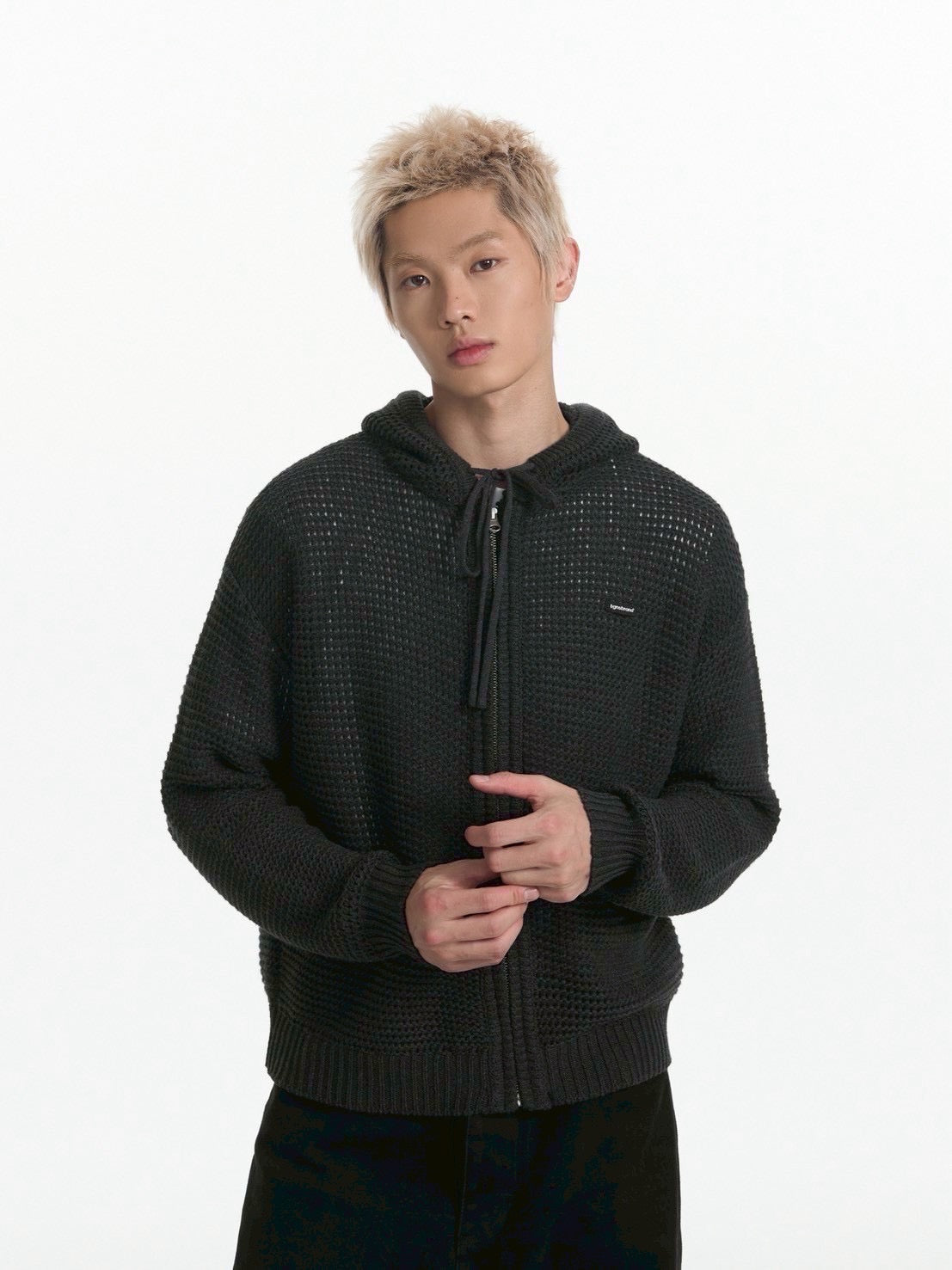 【TGNS】Hollow Knit Zipper Cardigan / 【ツーガンズ】ワンポイントメッシュジップアップパーカー