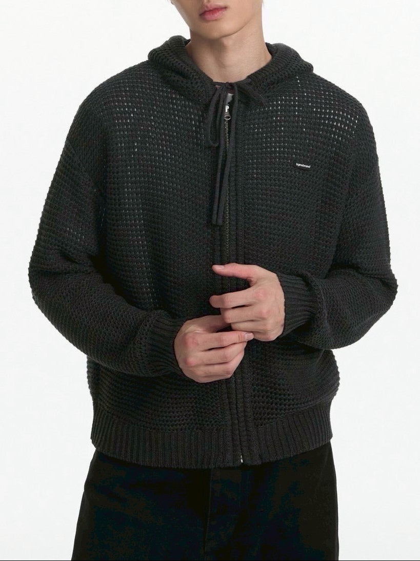 【TGNS】Hollow Knit Zipper Cardigan / 【ツーガンズ】ワンポイントメッシュジップアップパーカー