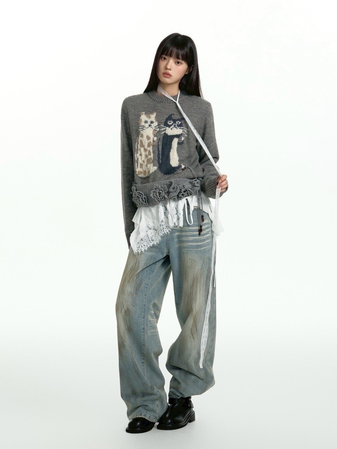 【TGNS】Cat Crew Neck Sweater / 【ツーガンズ】キャットデザインクルーネックニット