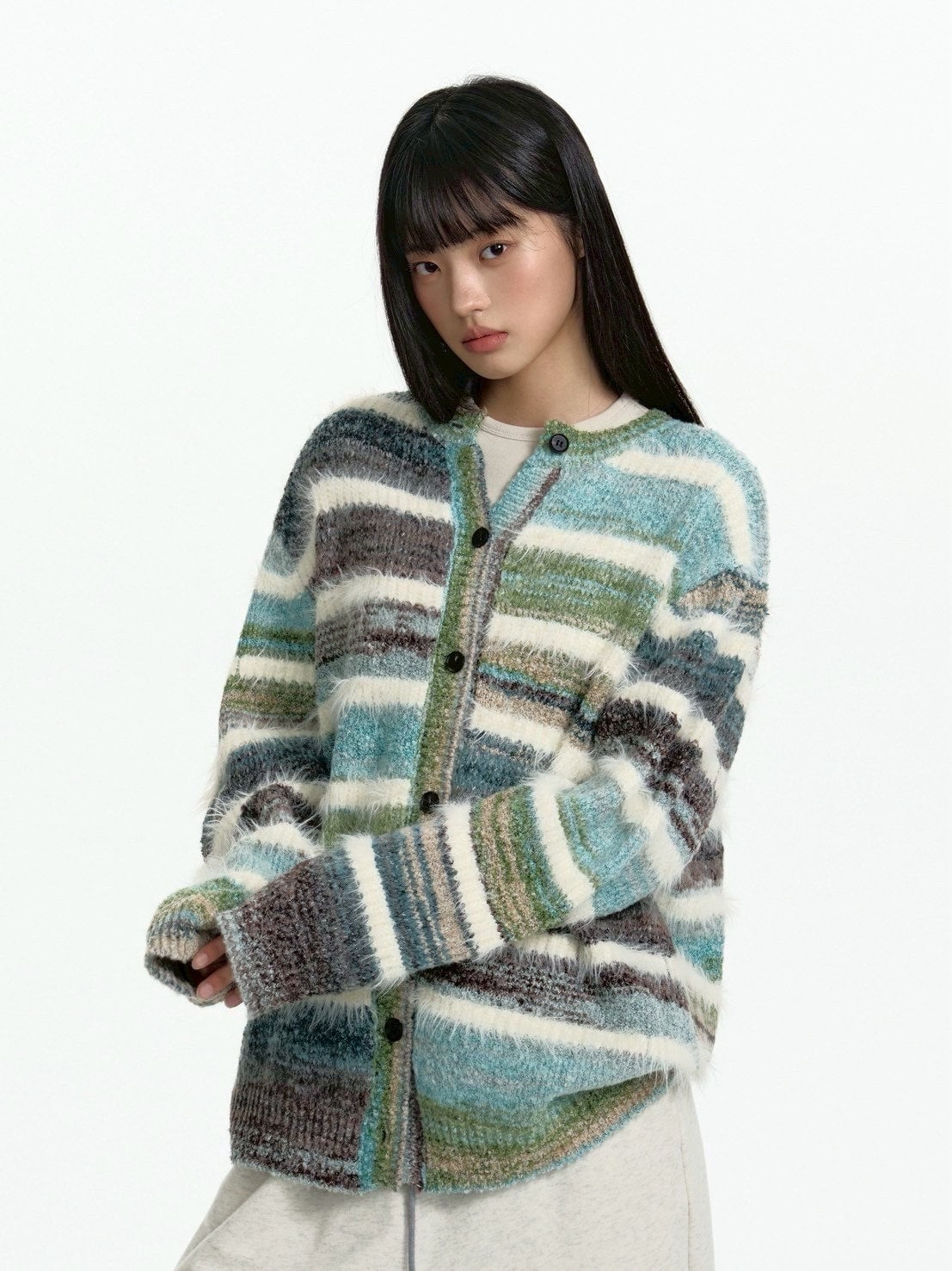 【TGNS】Gradient Terry Faux Mink Striped Cardigan Sweater / 【ツーガンズ】マルチカラーボーダーニットカーディガン