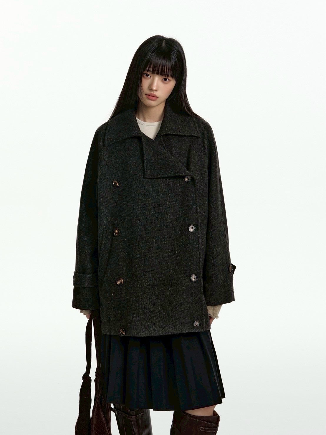 【TGNS】Dark Texture Double-Breasted Short Wool Coat / 【ツーガンズ】ダブルブレステッドボタンショートウールコート