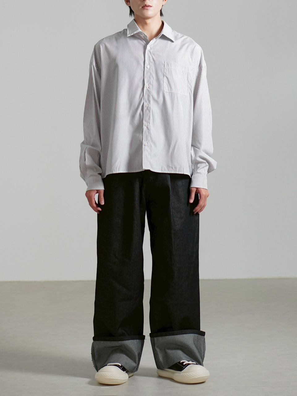 受注制【Chikashitsu +】cropped stripe shirt / 【チカシツプラス】クロップドストライプ長袖シャツ (3color)