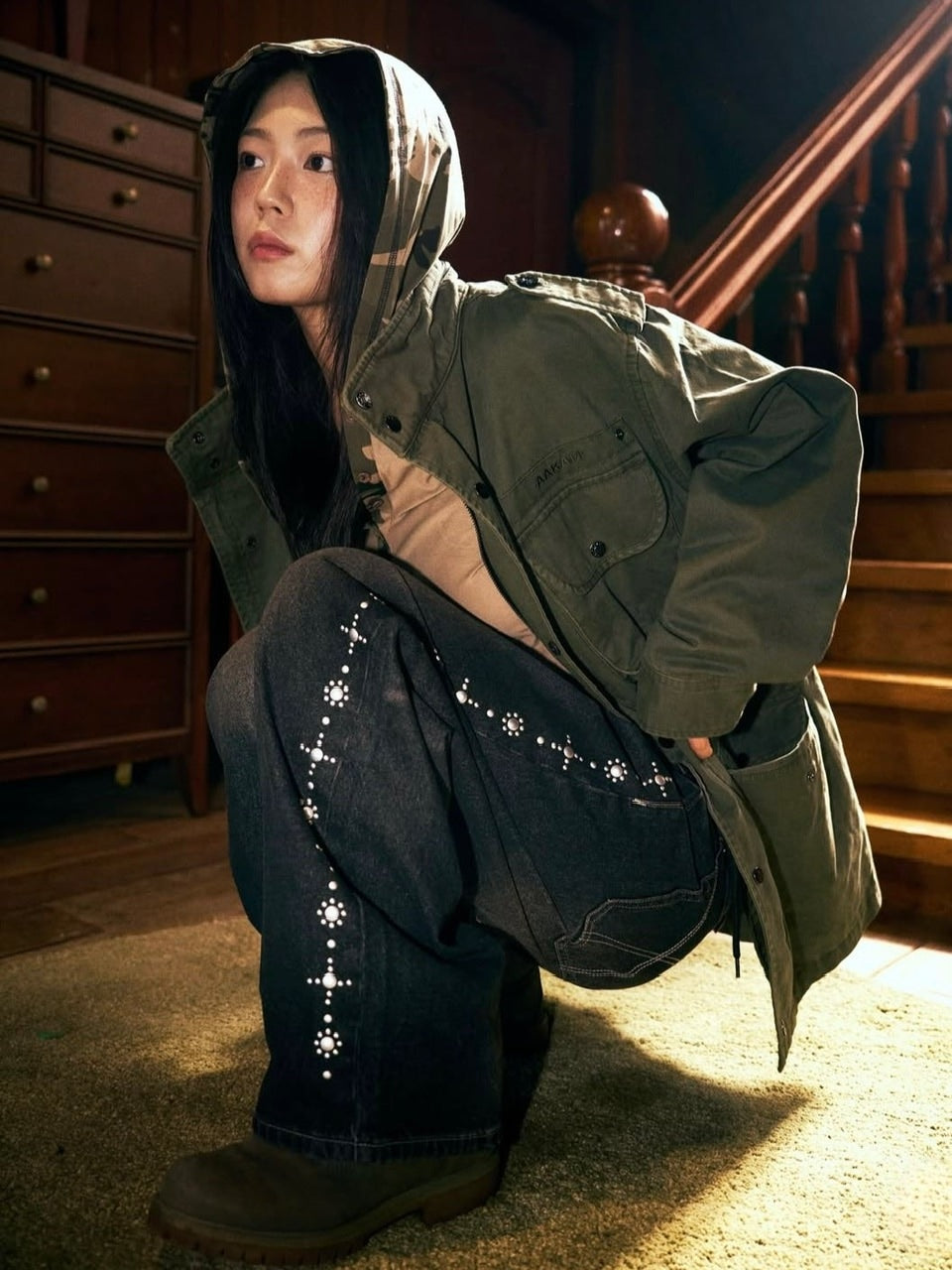 【AAKAM】Side Rhinestone Denim Pants