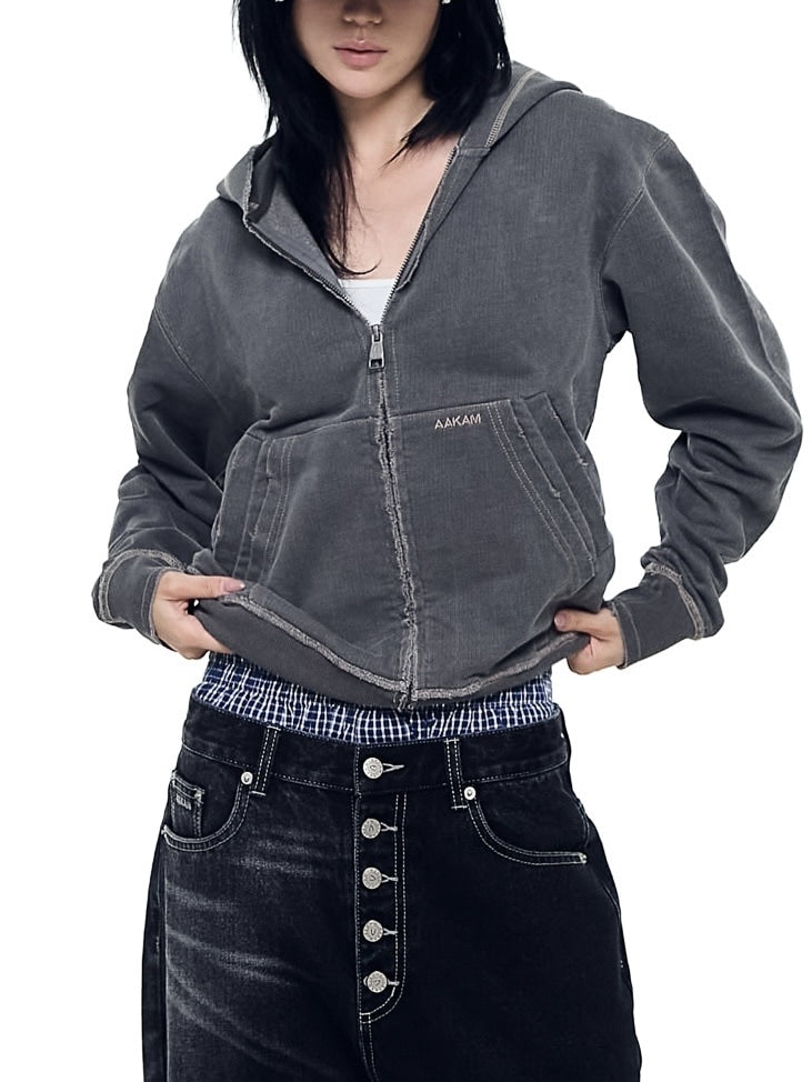 【AAKAM】Vintage Damaged Zip-Up Hoodie