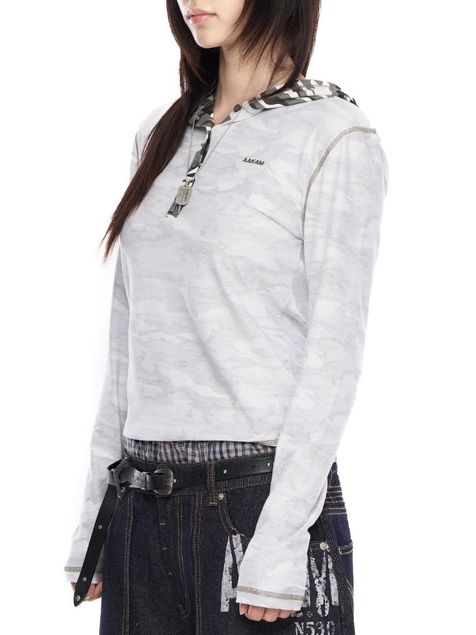 【AAKAM】Camo Contrast Hooded Long Sleeve