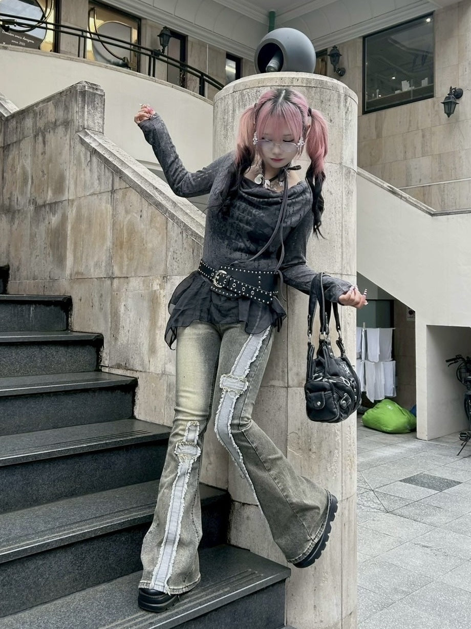 【Never mind the XU】see-through loose tops / 【ネバーマインドザエックスユー】シースルーレイヤードフリル長袖トップス (2color)